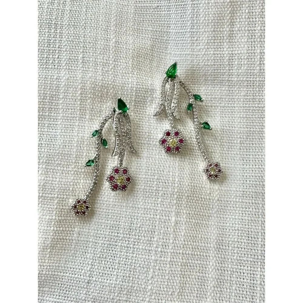 Dangle cubic zirconia flower earrings pink, yellow and green